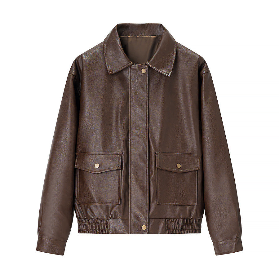 Women's casual faux leather bomber jacket with shirt collar, patch pockets, and elastic hem Mune Fashion