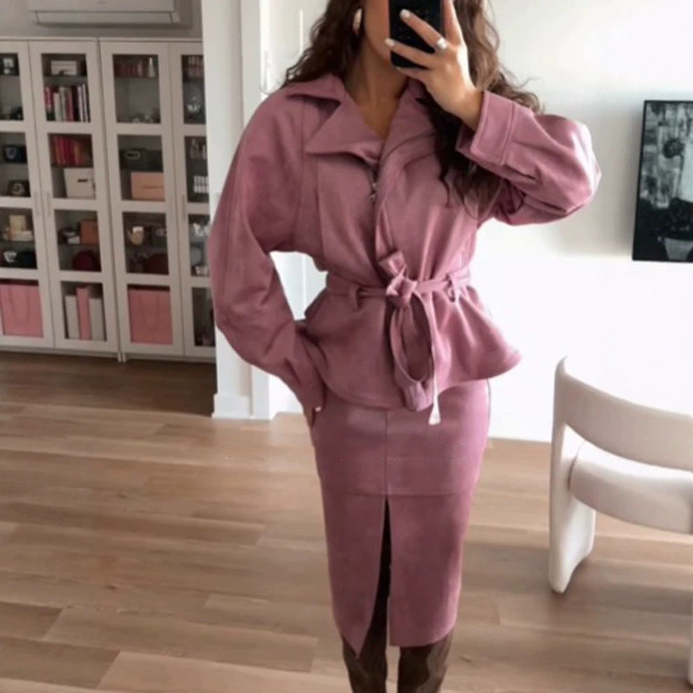 Women Two-Piece Velour Set with Fitted Wrap Blazer and Midi Skirt with Front Slit Mune Fashion