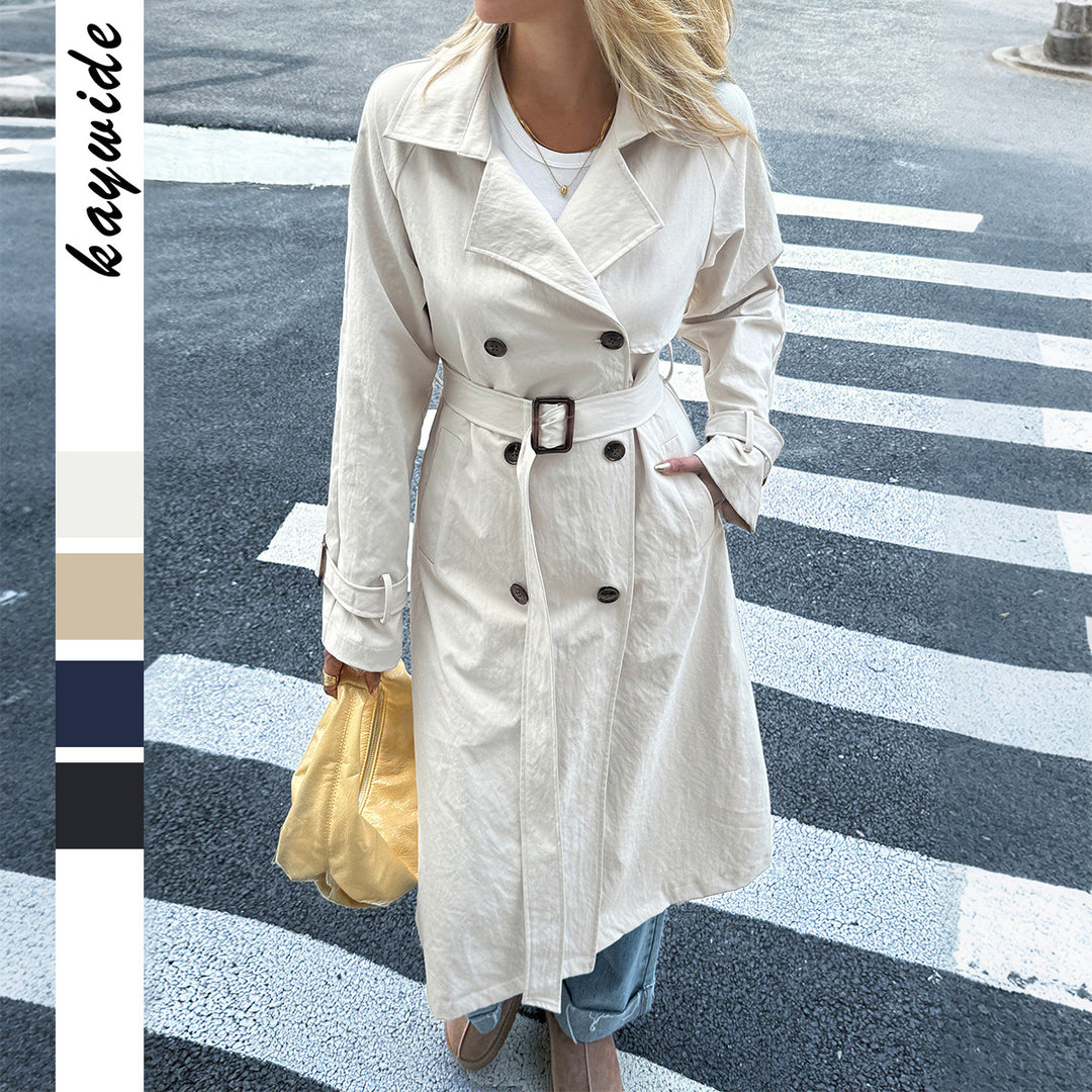 Women's classic trench coat with double row, waist belt, adjustable cuffs, and straight button placket Mune Fashion