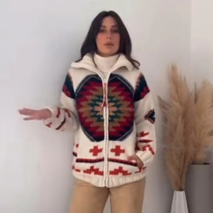 Women's Jacquard Cardigan with Navajo Pattern, Zipper and High Collar Mune Fashion