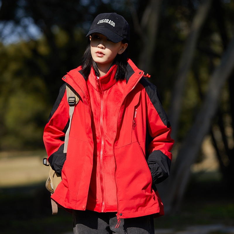 Women two-layer water-repellent outdoor jacket with hood, waist adjustment and contrast piping Mune Fashion