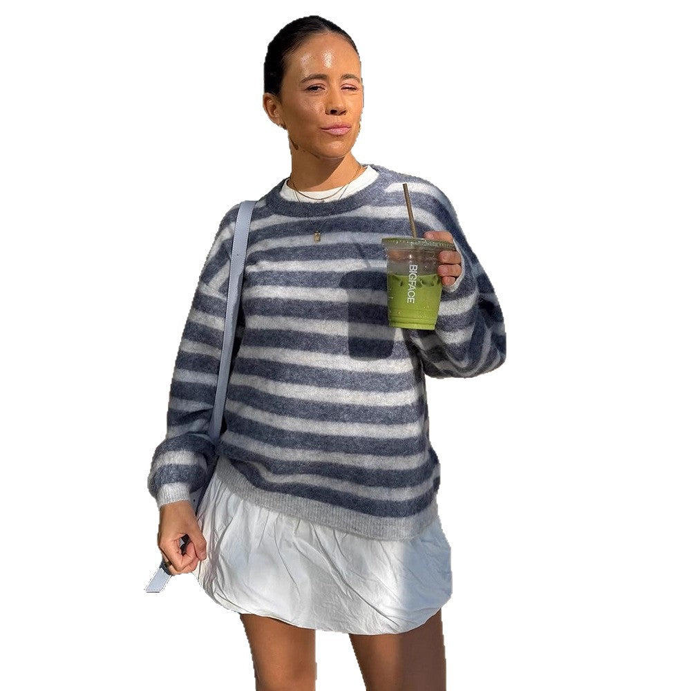 Women Striped Mohair-Mix Oversized Sweater with Balloon Sleeves Mune Fashion