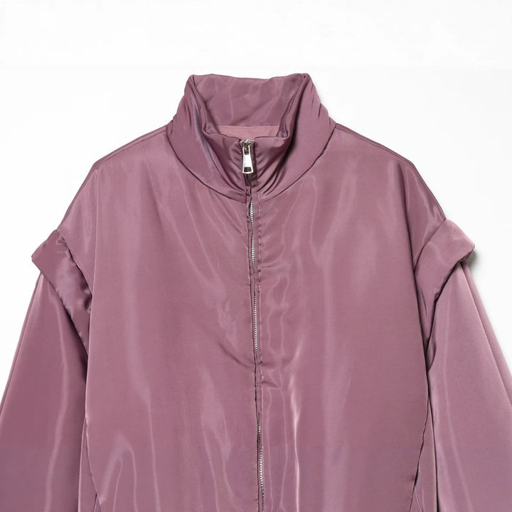 Women Shiny Cropped Bomber Jacket with Stand Collar and Elastic Waist Mune Fashion