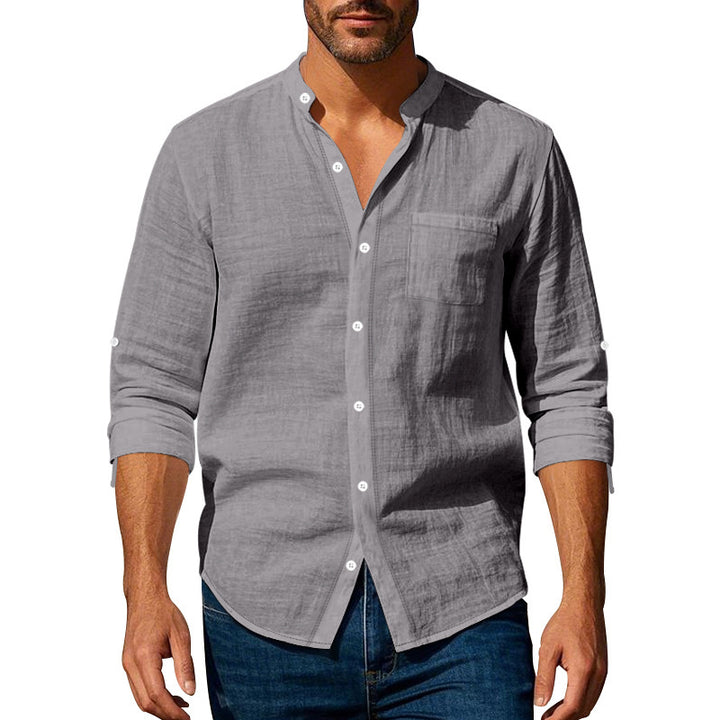 Men's Cotton Gauze Shirt with Stand Collar, Chest Pocket and Roll-Up Sleeves Mune Fashion