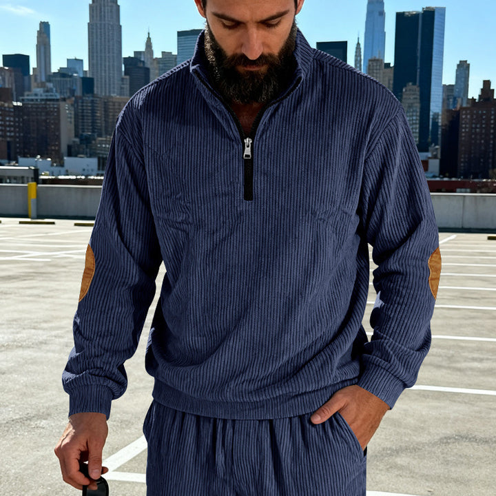 Men's cord structure half-zip pullover in relaxed fit with stand-up collar and elbow patch Mune Fashion