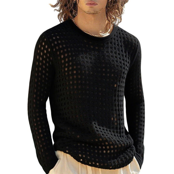 Men's airy openwork knit sweater with square mesh pattern and crew neck Mune Fashion