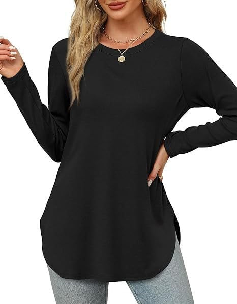 Women's Casual Long Sleeve Tunic Top with Round Neck, Side Slits and Watercolor Leaf Print Mune Fashion