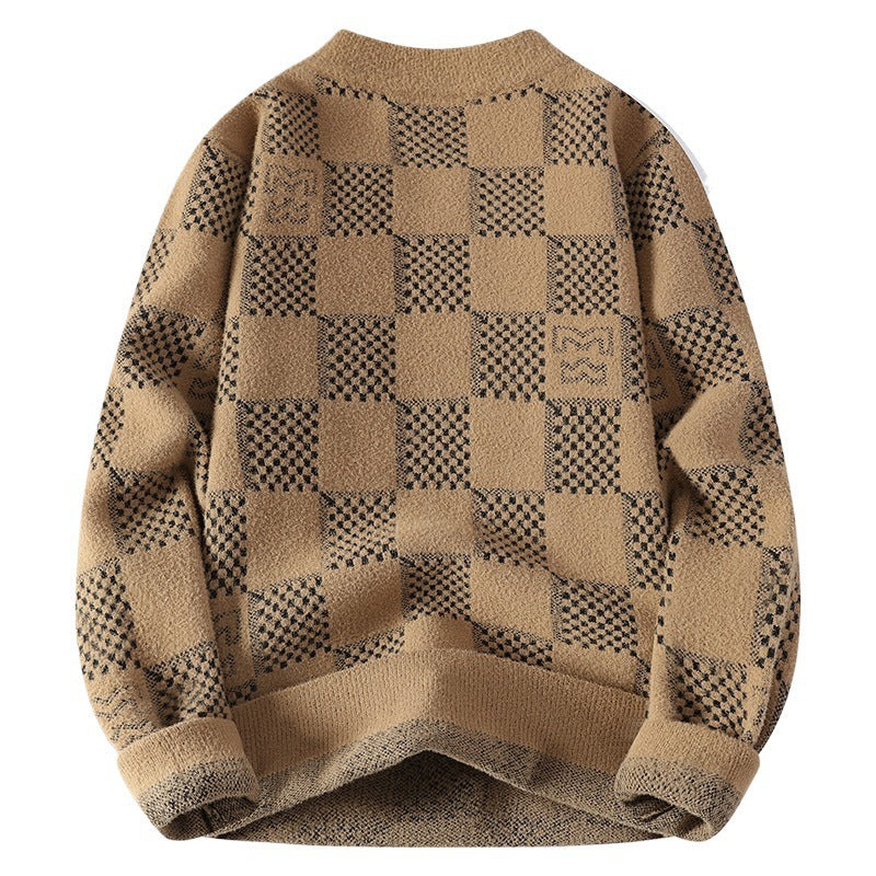 Men's checked oversized knit sweater with round neckline, soft fine knit and structured jacquard pattern Mune Fashion