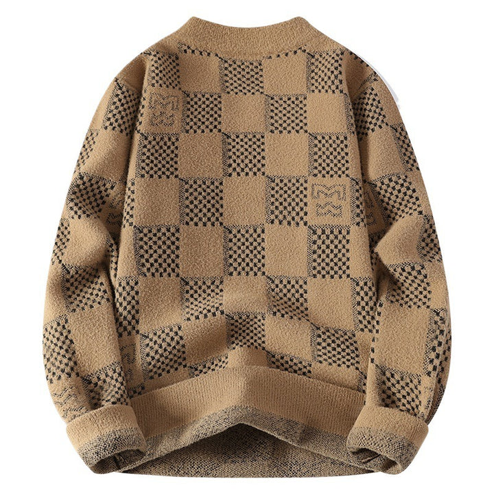 Men's checked oversized knit sweater with round neckline, soft fine knit and structured jacquard pattern Mune Fashion