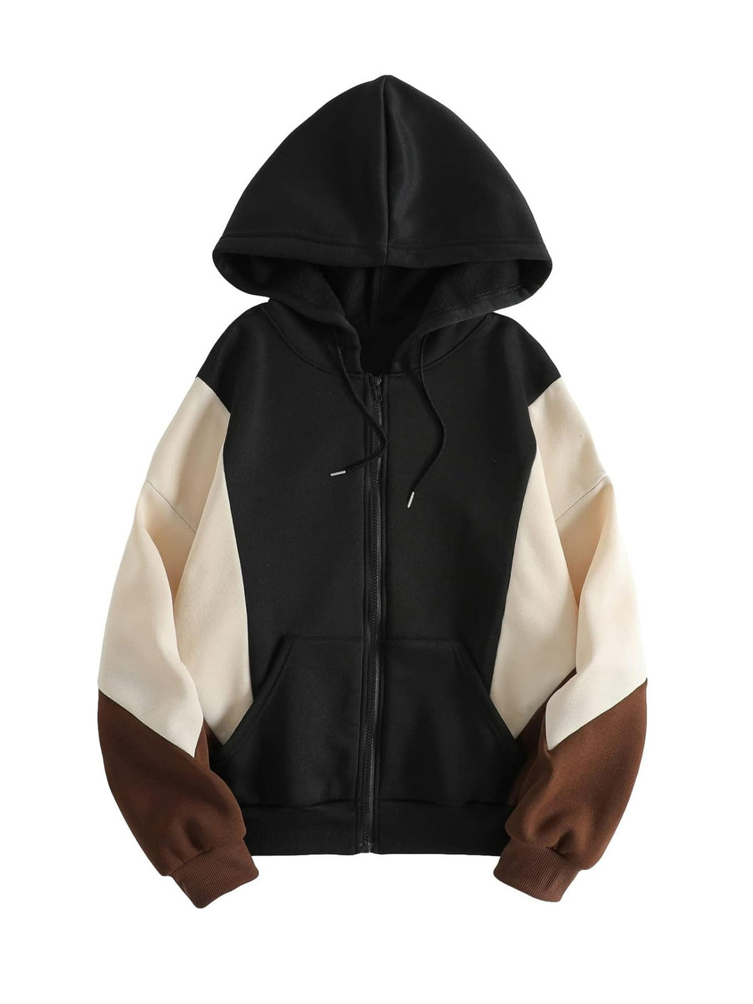 Women's Hooded Sweat Jacket with Color Block, Zipper and Kangaroo Pocket Mune Fashion