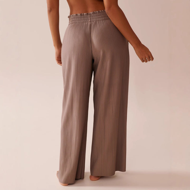 Women's Wide Pleated Lounge Pants with Elastic Smocked Waistband, Side Pockets, and Flowing Palazzo Silhouette Mune Fashion