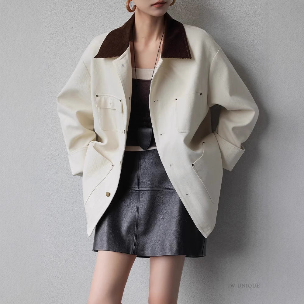 Women's Oversized Cab Jacket made of structured cotton blend with contrasting cord collar and patch pockets