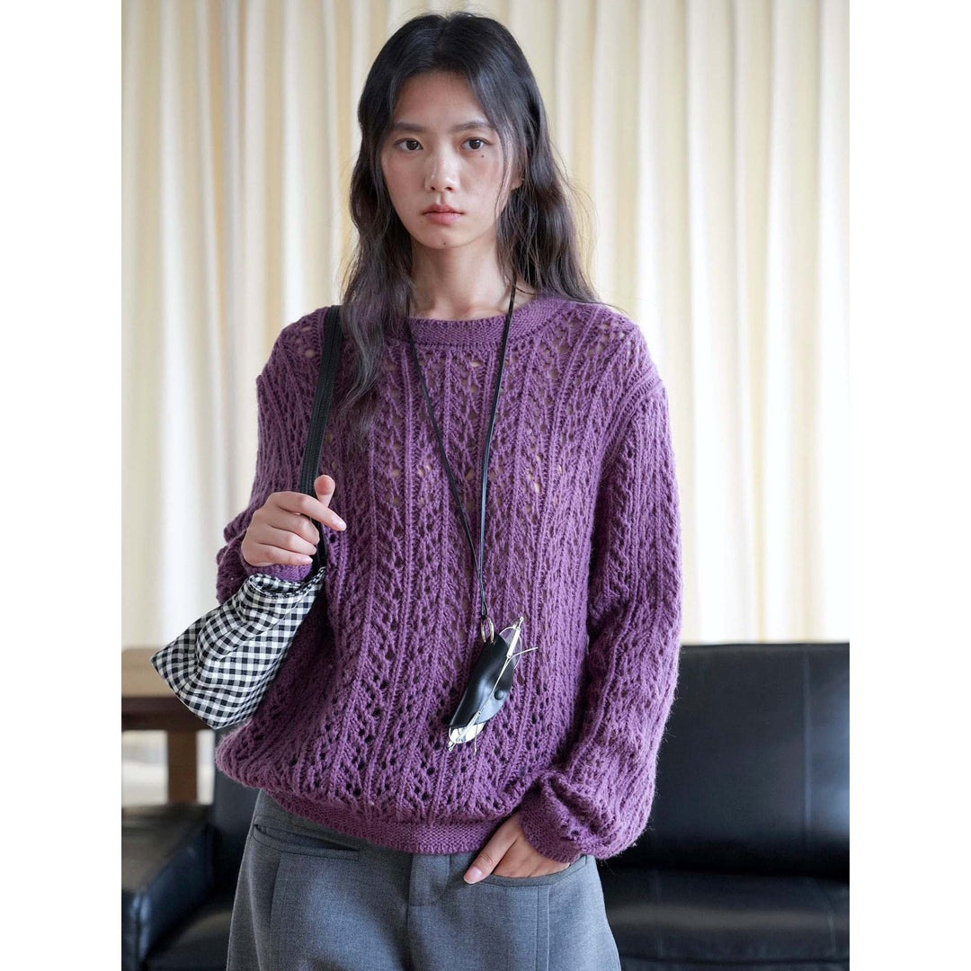 Women Loose Ajour Knit Sweater with Round Neck