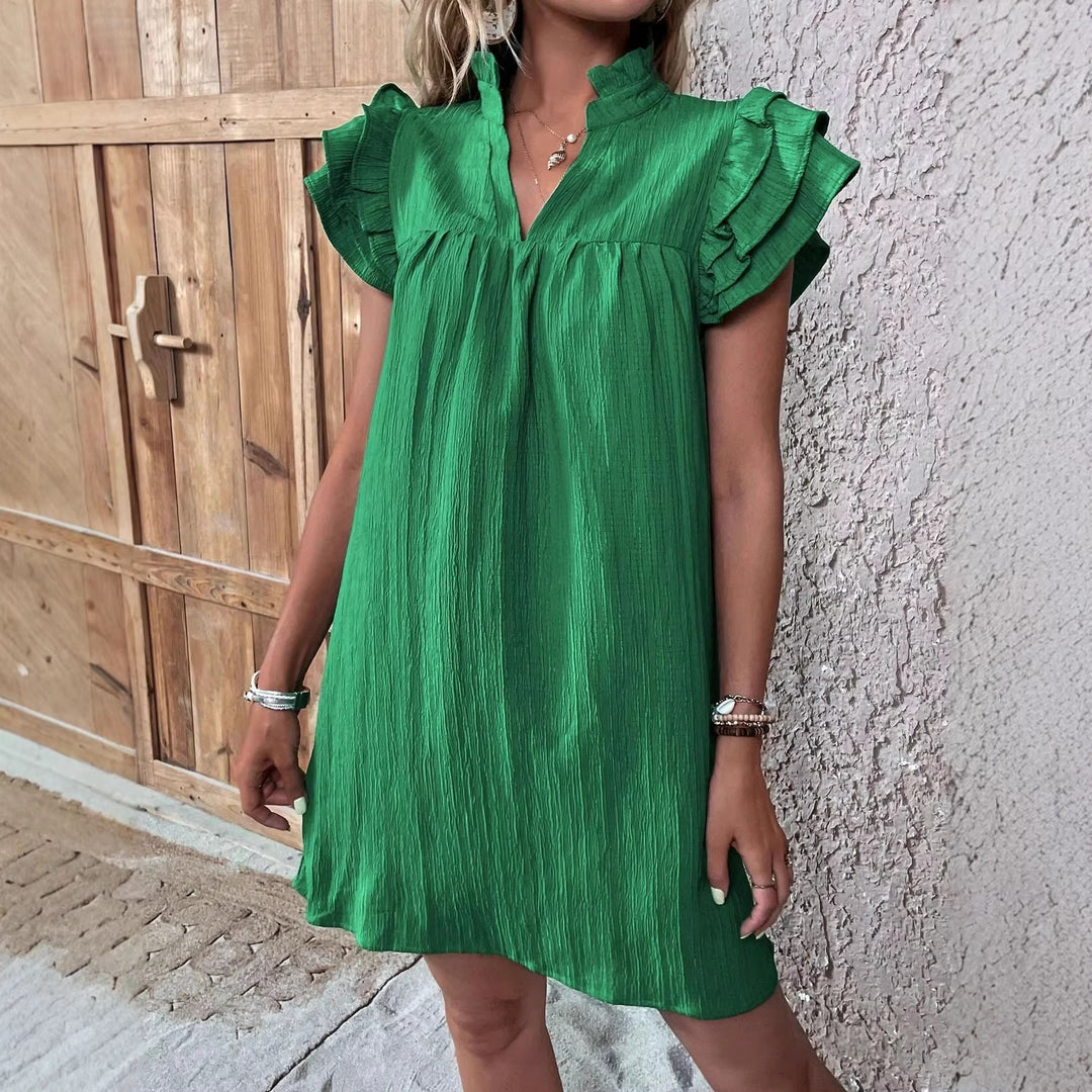 Women Crinkle Mini Dress with Standing Collar, V-Neck and Ruffled Sleeves Mune Fashion