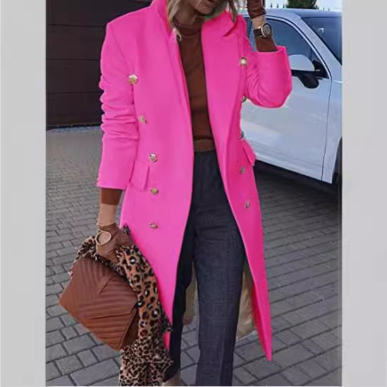 Women tailored double-breasted wool blend coat with gold decorative buttons and knee-length silhouette Mune Fashion