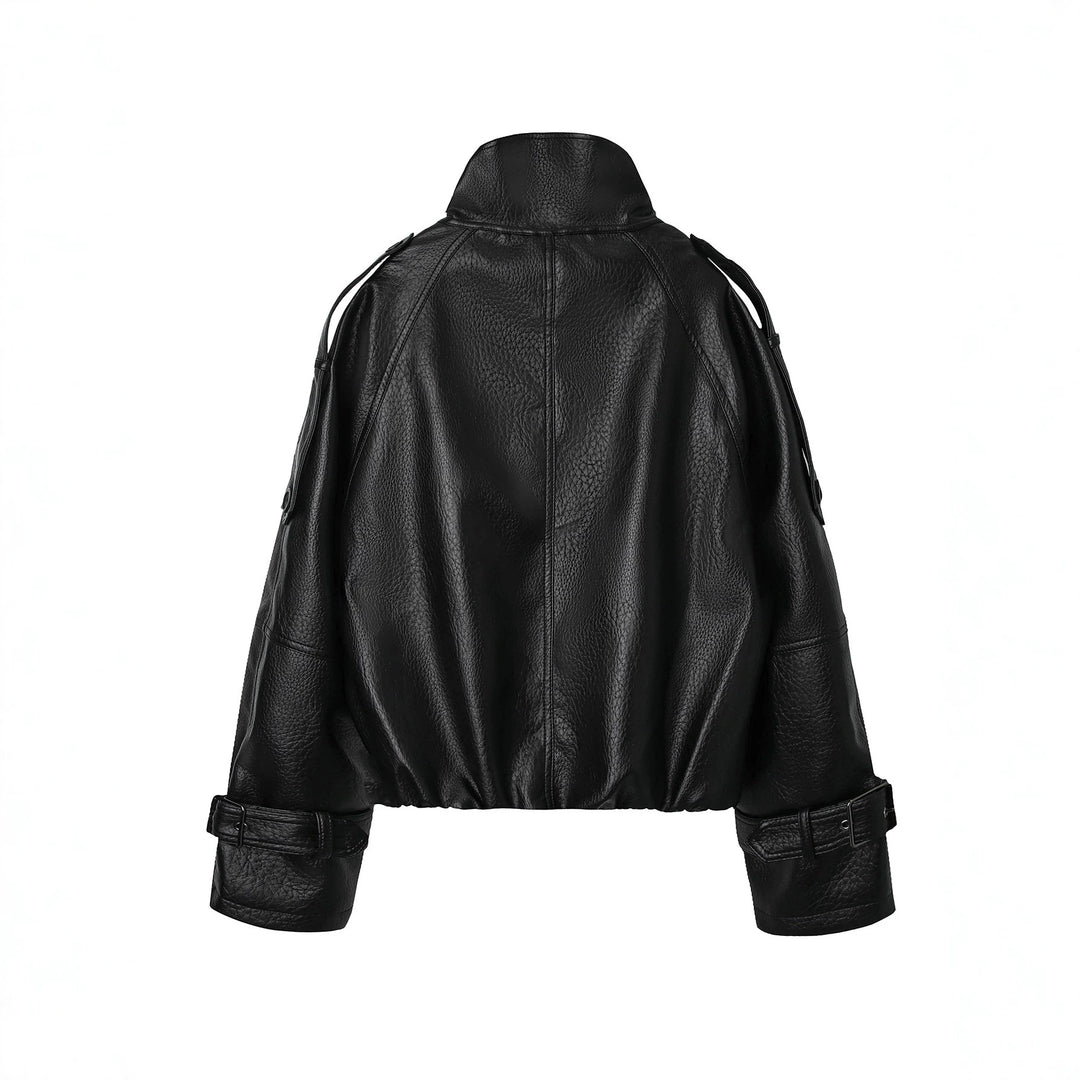 Men's short cut double-breasted leather jacket with high standing collar Mune Fashion