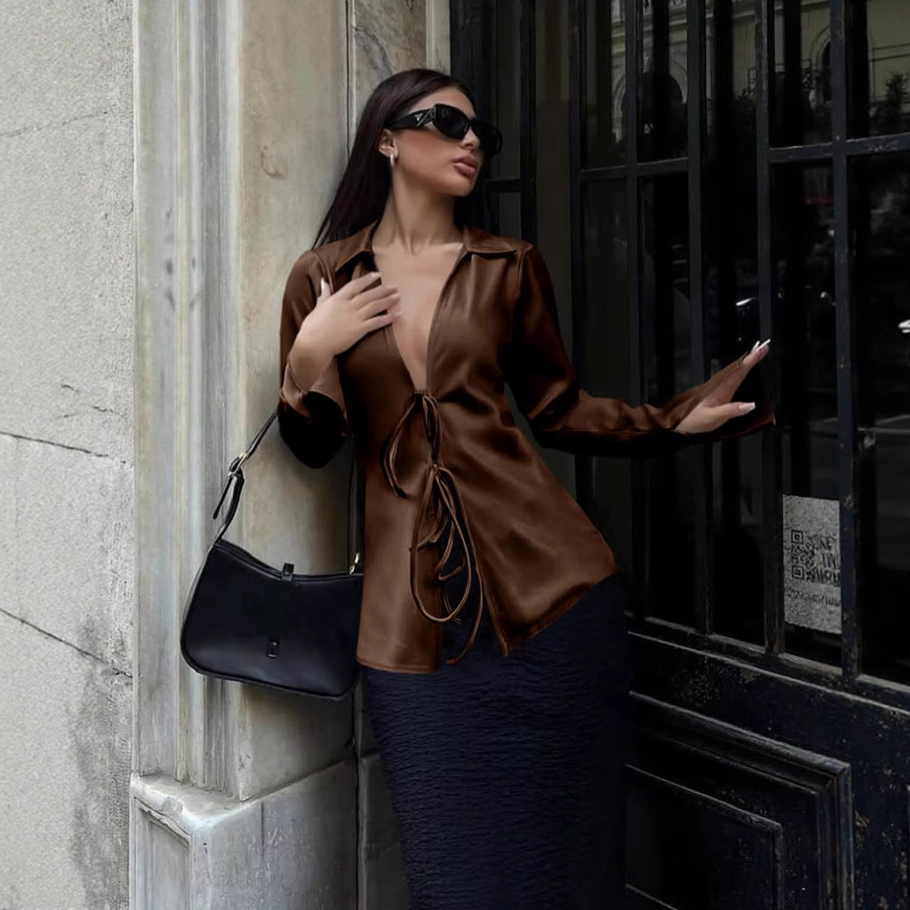 Women's blouse with deep V-neckline and tie ribbons tailored fit flared sleeves Mune Fashion