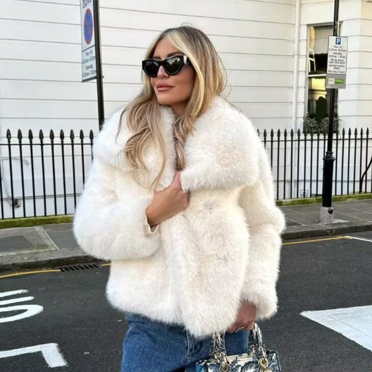 Ladies Short Boxy Faux Fur Jacket with Wide Shawl Collar and Long Fiber Faux Fur Mune Fashion