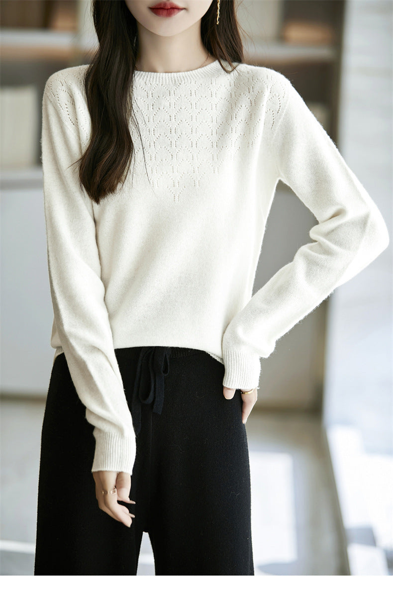 Women's Soft Round Neck Sweater in Cashmere Look with Fine Openwork Pattern and Snug Fit Mune Fashion