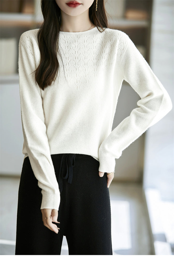 Women's Soft Round Neck Sweater in Cashmere Look with Fine Openwork Pattern and Snug Fit Mune Fashion