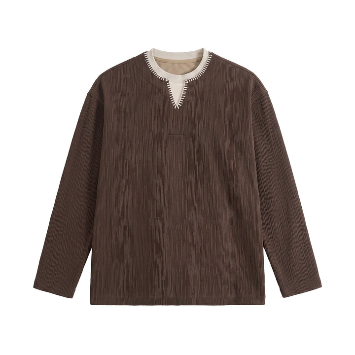 Men's Textured Sweatshirt Pullover with Layered Collar and Decorative Decorative Seam Mune Fashion