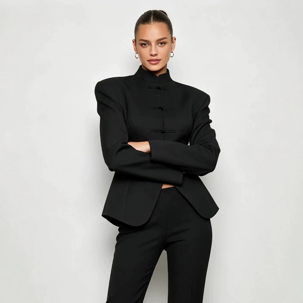 Women's Sculpted Blazer with Stand Collar, Decorative Knot Closures and Tailored Silhouette Mune Fashion