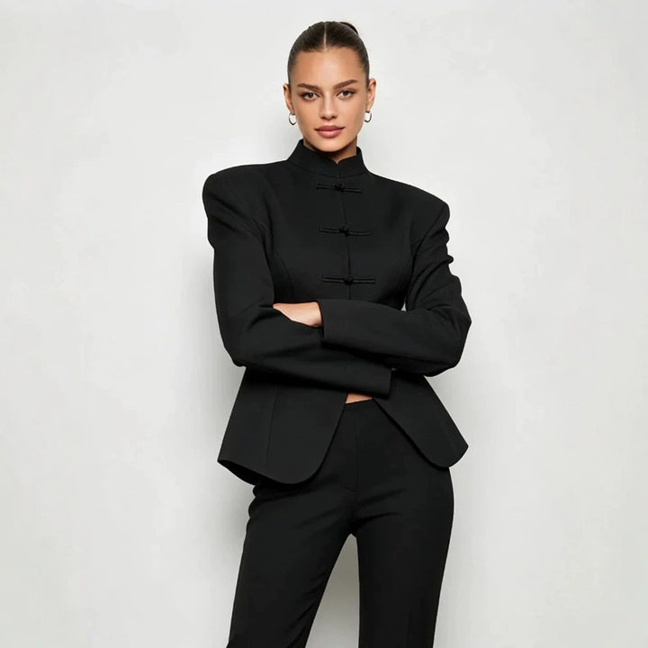 Women's Sculpted Blazer with Stand Collar, Decorative Knot Closures and Tailored Silhouette Mune Fashion