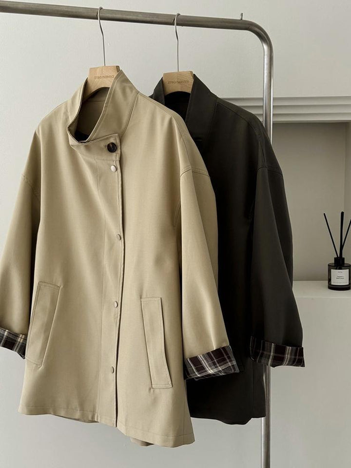 Women Oversized Short Coat with Stand-Up Collar and Checked Sleeve Lining Mune Fashion