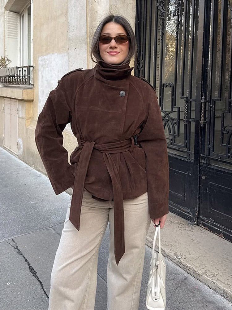Women's short jacket made of suede with a high stand-up collar and tie belt Mune Fashion