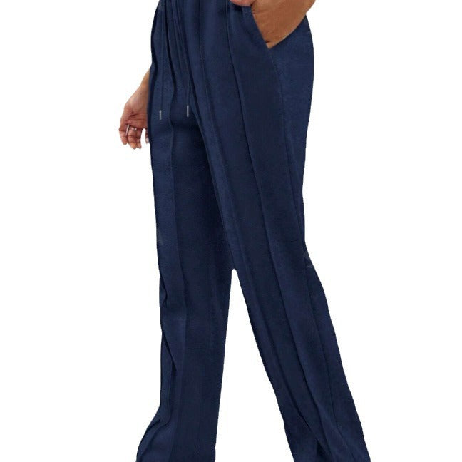 Women's Wide High-Waist Pleated Pants with Drawstring and Distinctive Crease Mune Fashion