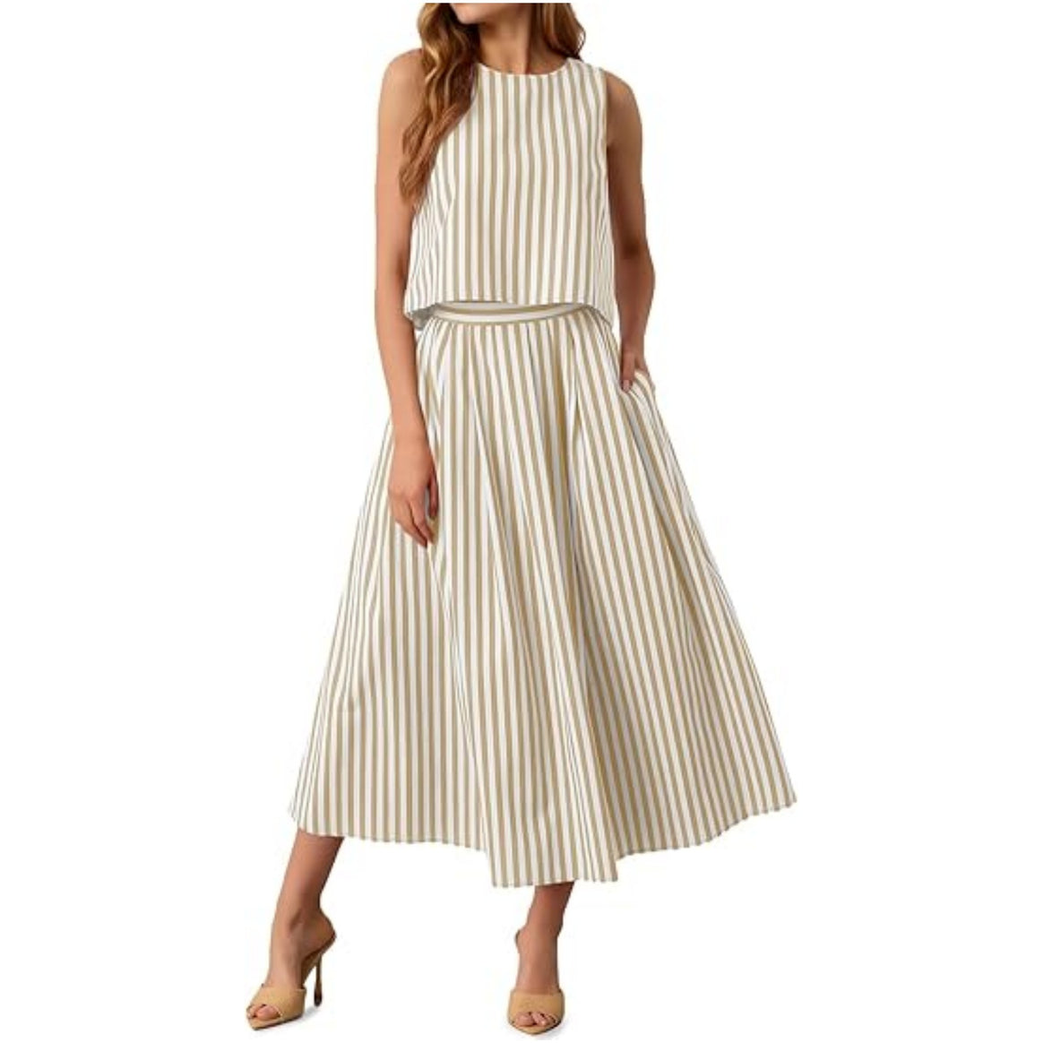 Women's Sleeveless Midi Dress with High Waist and Flared Pleated Skirt Mune Fashion