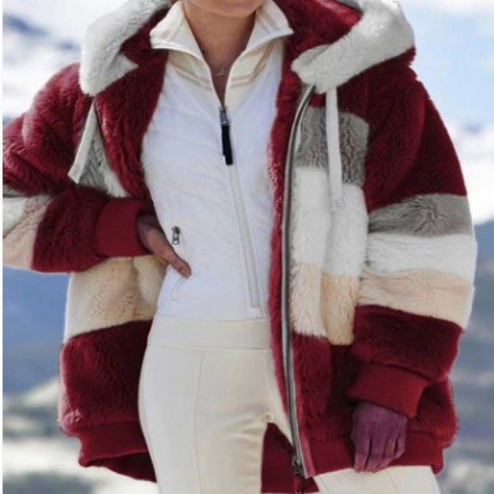 Women's Striped Oversized Teddy Jacket with Hood, Zipper and Ribbed Cuffs Mune Fashion