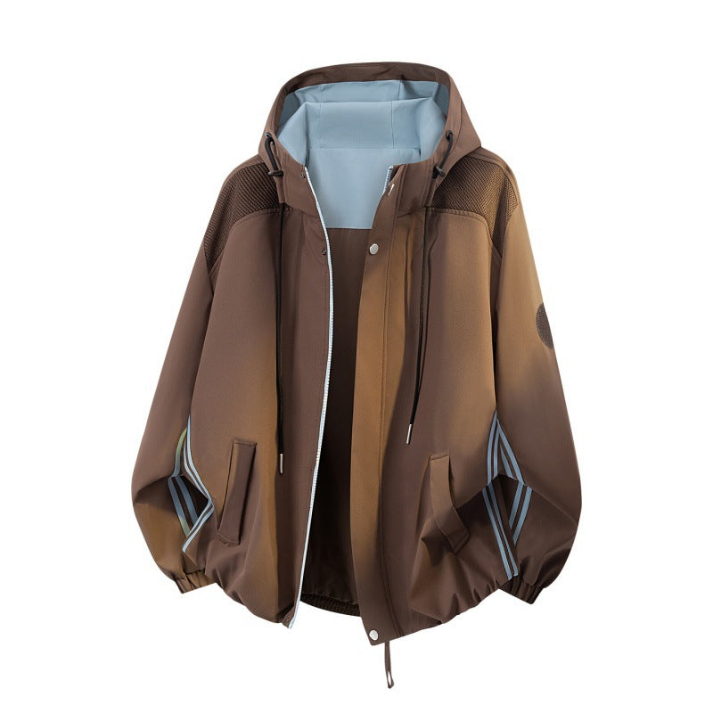 Men's sporty-urban oversized windbreaker jacket with hood, reflective insert stripes, and elastic hem Mune Fashion