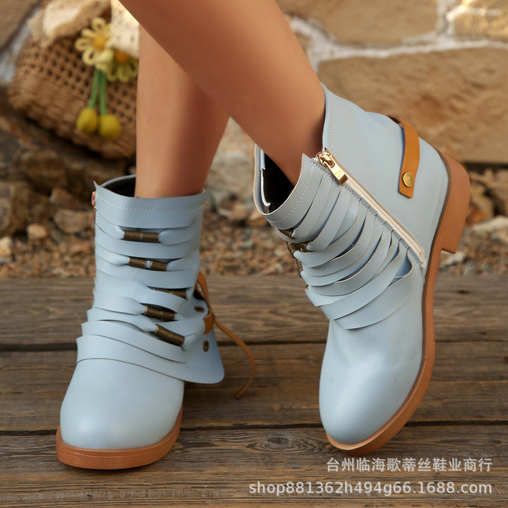Women Fringe Ankle Boots with Layered Straps and Side Zipper Mune Fashion