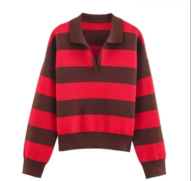 Women's oversized rugby pullover with polo collar, V-neck and wide stripes Mune Fashion