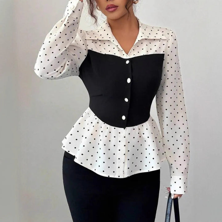 Ladies two-piece blouse with corset look and peplum drape