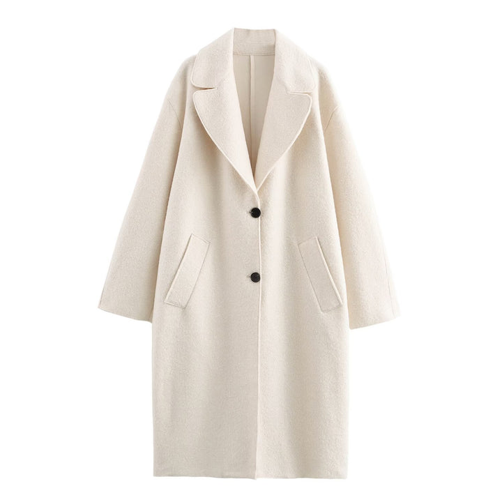 Ladies Oversized Single-breasted Walk Coat with Wide Lapels and Patch Pockets Mune Fashion