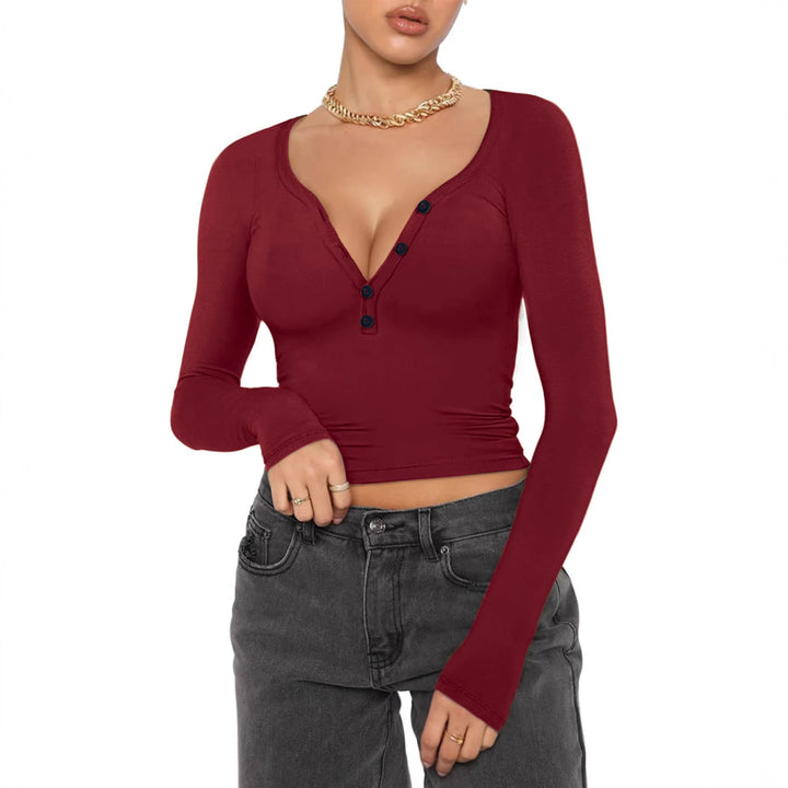 Women's fitted ribbed long sleeve with Henley button placket and deep V-neck Mune Fashion