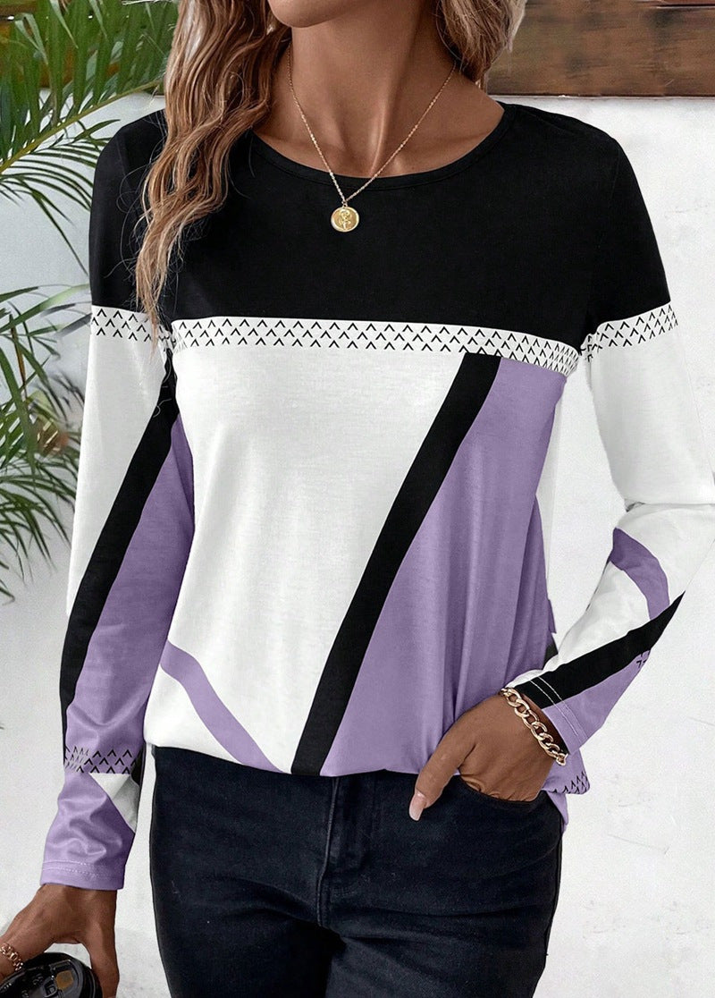 Women's Long Sleeve Shirt with Geometric Block Print and Round Neck Mune Fashion