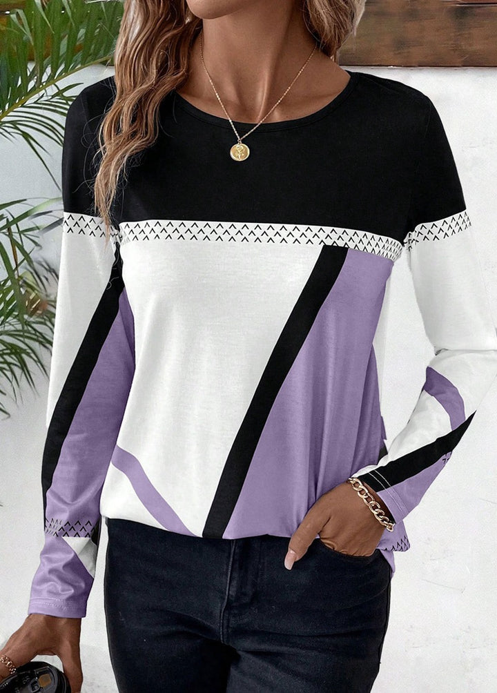 Women's Long Sleeve Shirt with Geometric Block Print and Round Neck Mune Fashion