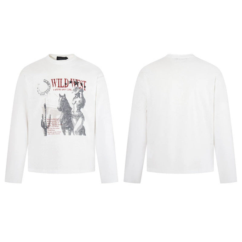 Women's Long Sleeve Shirt with Vintage Wild West Print and Round Neck Dress