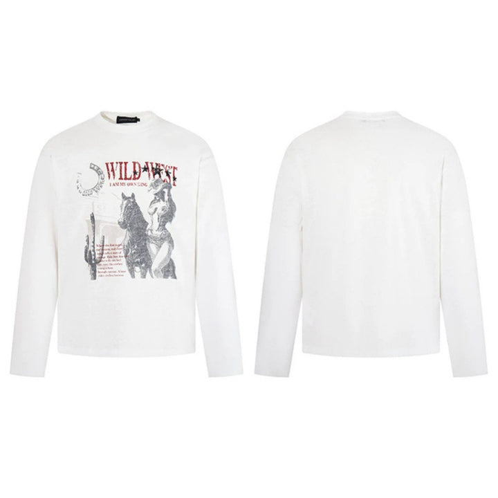Women's Long Sleeve Shirt with Vintage Wild West Print and Round Neck Dress