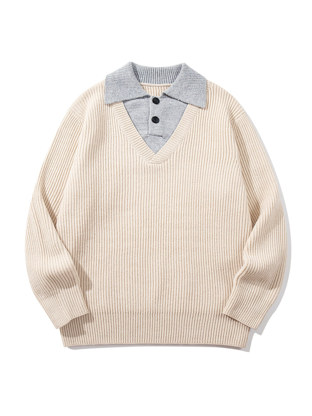 Men's Ribbed Knit Sweater with Polo Collar Insert and Deep V-Neck Mune Fashion