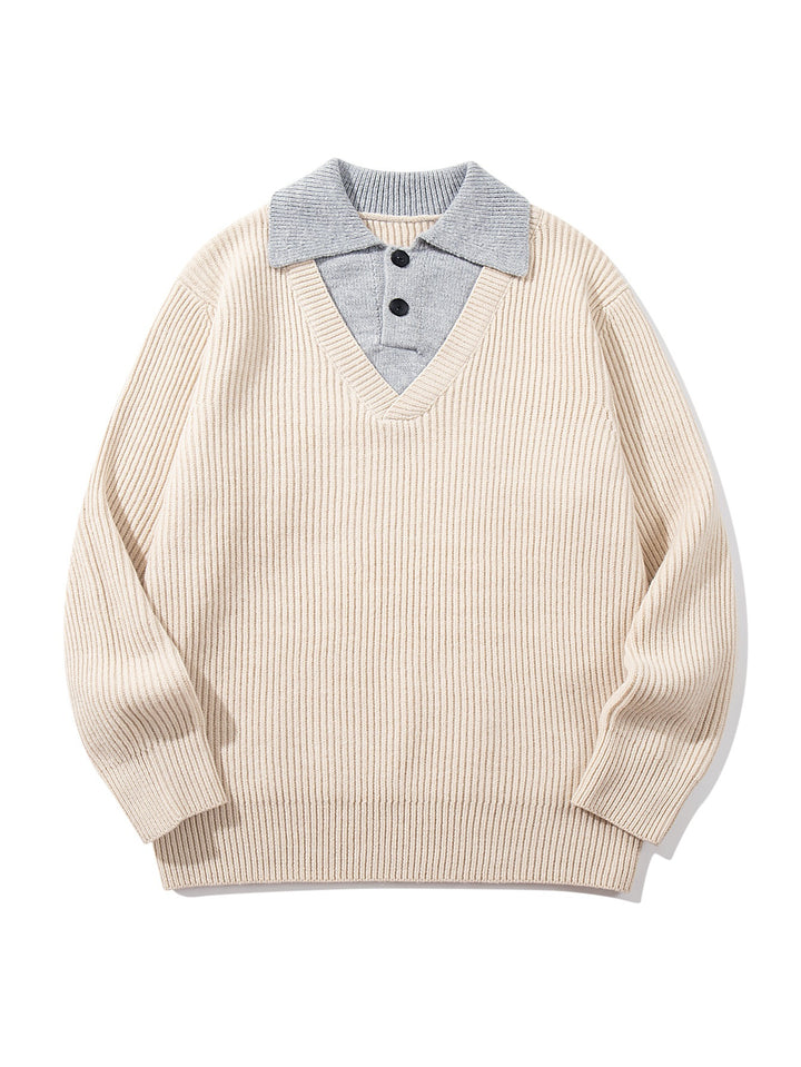 Men's Ribbed Knit Sweater with Polo Collar Insert and Deep V-Neck Mune Fashion