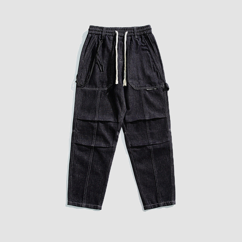 Men's Relaxed Denim Cargo Pants with Elastic Waistband and Reinforced Knee Panels Mune Fashion