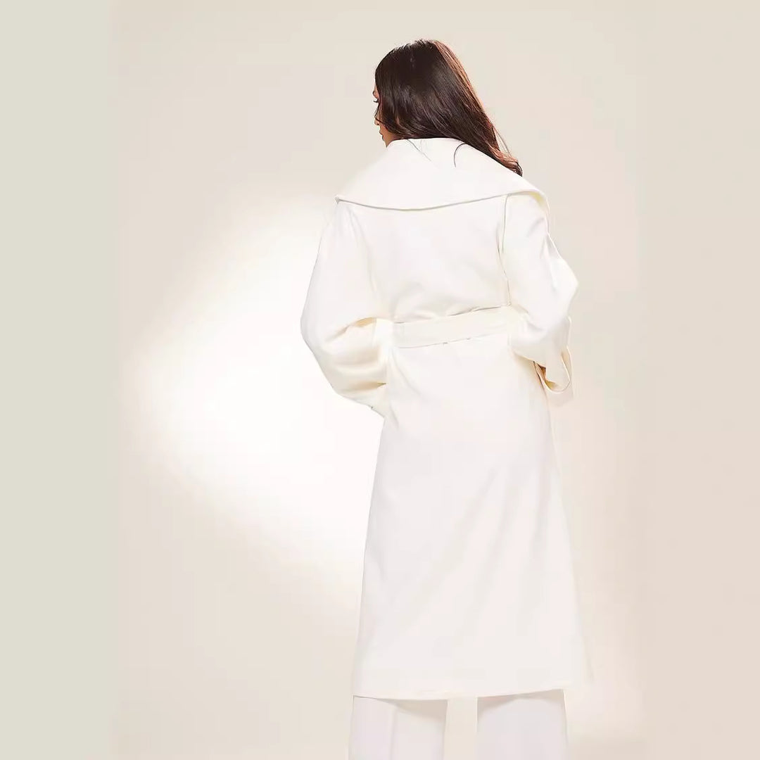 Women Long Oversized Wrap Coat with Generous Shawl Collar and Tie Belt Mune Fashion