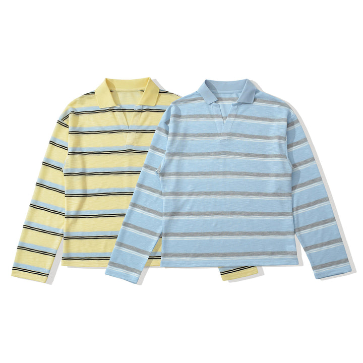 Men's knit polo shirt with open V-neck and fine stripe pattern Mune Fashion