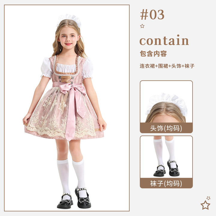 Ladies' festive children's dirndl with lace top, satin apron, and puff sleeves Mune Fashion