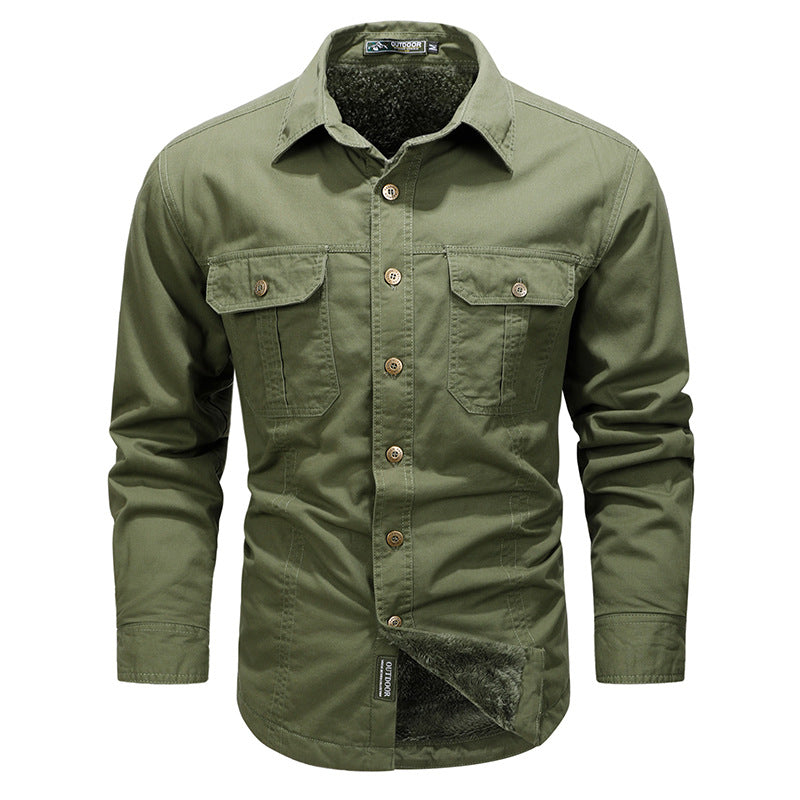 Men's rugged canvas shirt with double breast pockets and continuous button placket