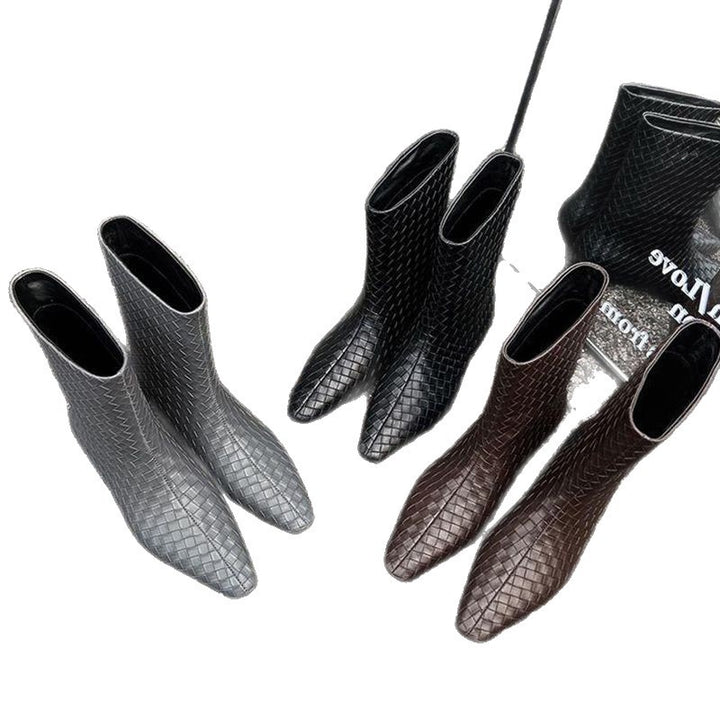 Women's Braided Leather Look Mid-Calf Ankle Boots with Pointed Toe and Flat Heel Mune Fashion